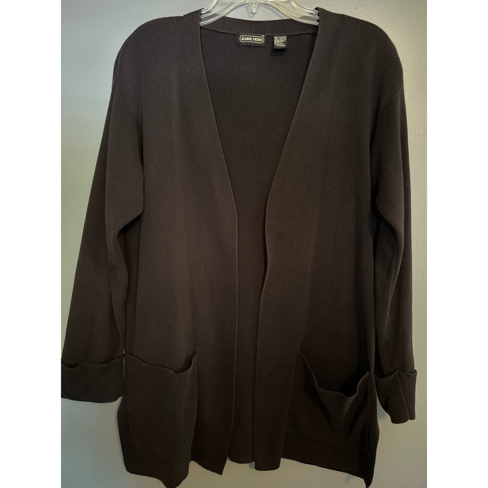 Sweater Jeanne Pierre Long Knit Cardigan  Cuffed Pockets Split Sides Cotton L